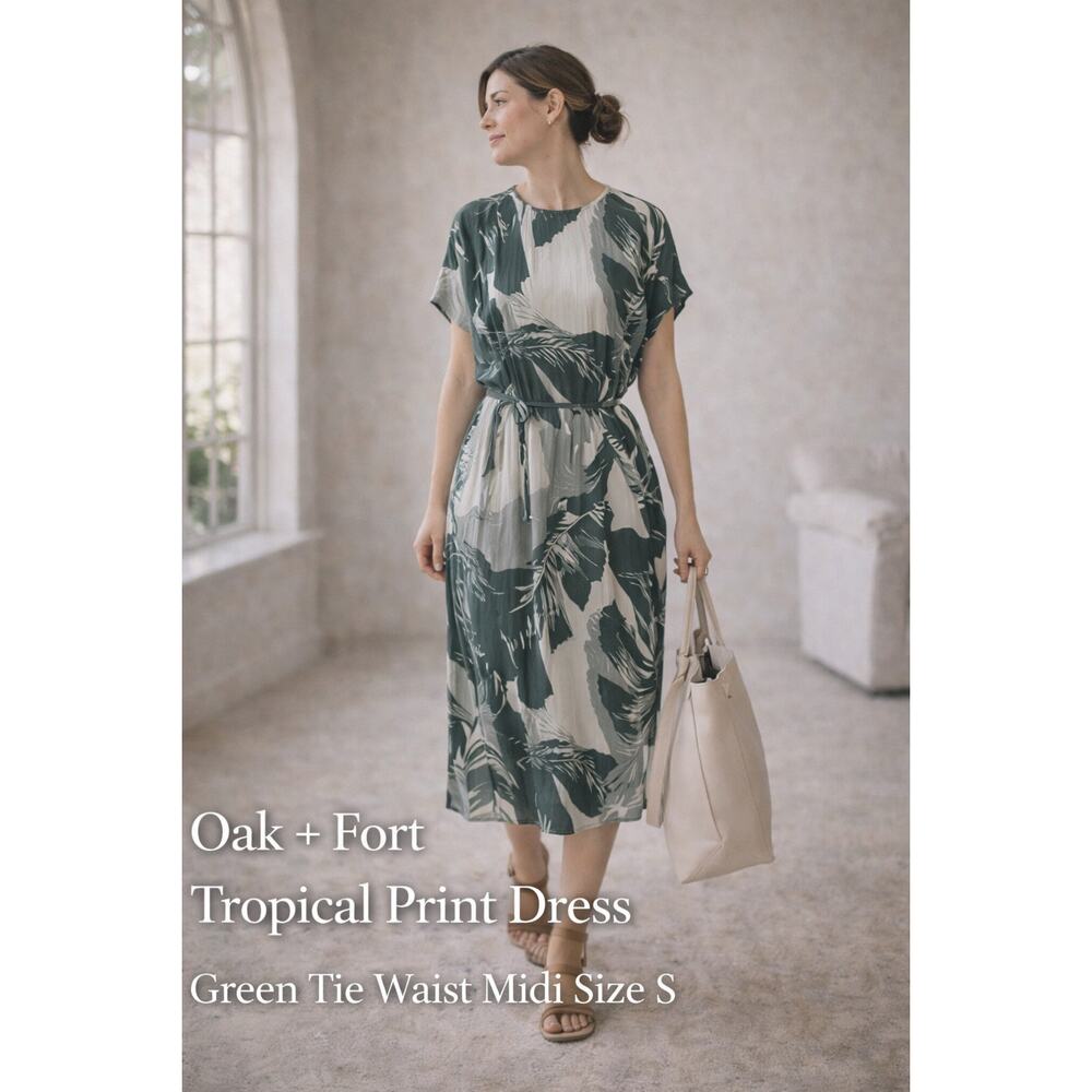 Oak + Fort Tropical Print Dress Green Tie Waist Midi Minimalist SZ S